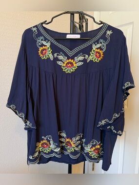 Parami Design women’s 3X navy blue embroidered floral blouse bohemian peasant